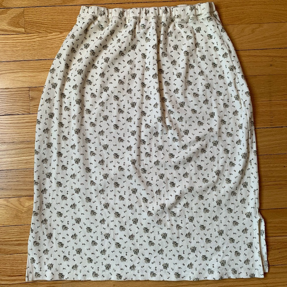 🎄🔥💐Cream 100% Cotton ribbed knit pencil Skirt side slits Yellow Ditsy floral